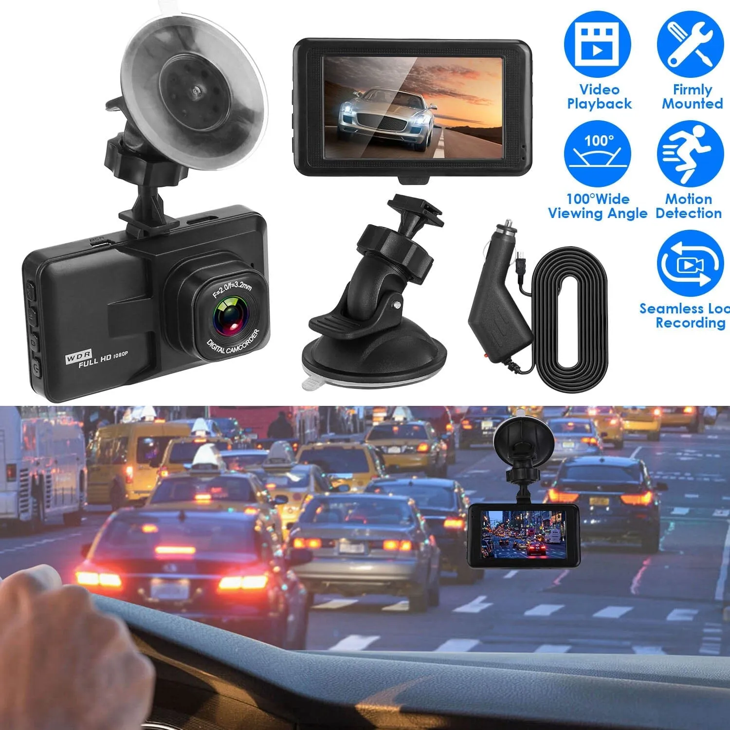 1080P Car DVR 3" Camera Dash Cam with 100° Angle Loop Recording Motion Detection