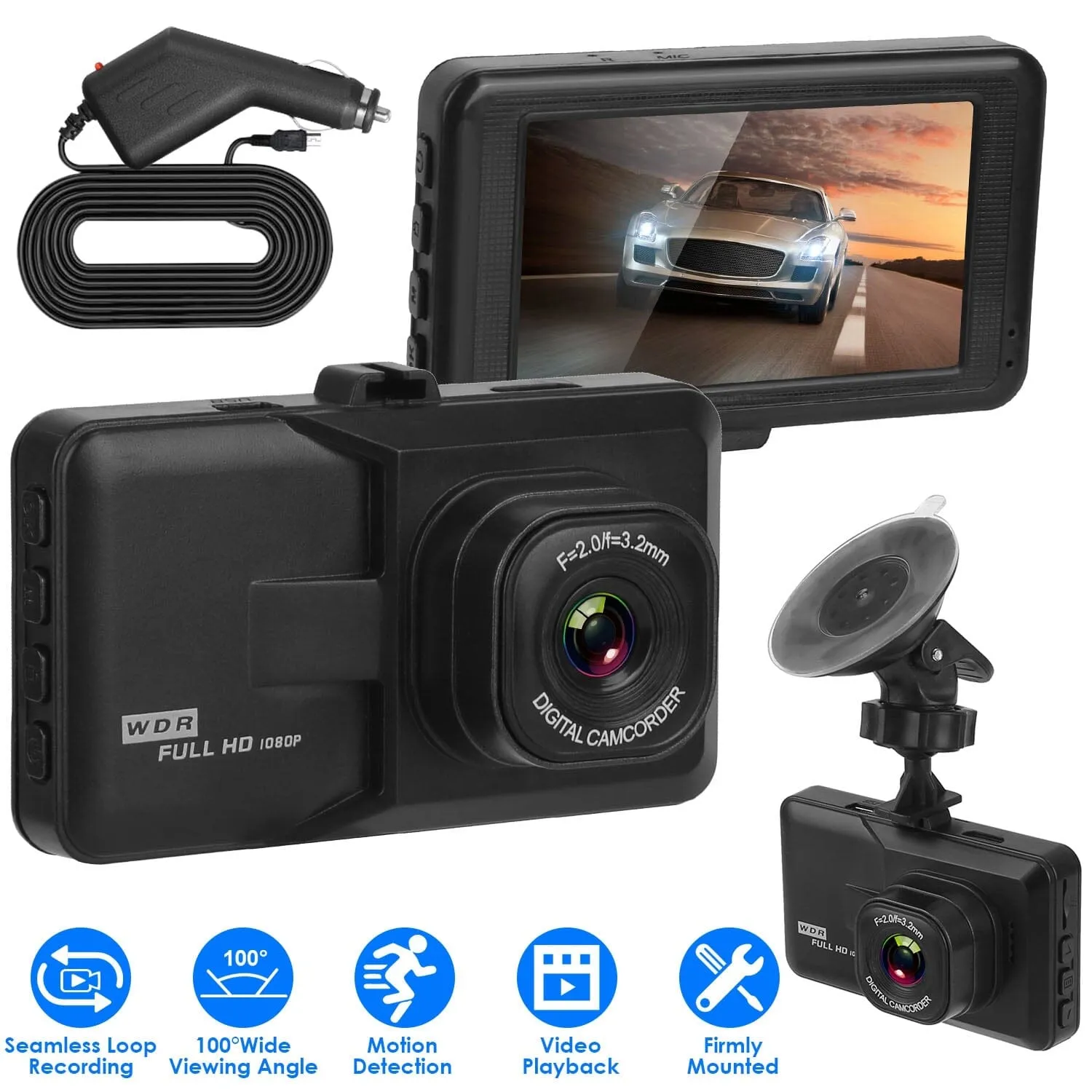 1080P Car DVR 3" Camera Dash Cam with 100° Angle Loop Recording Motion Detection