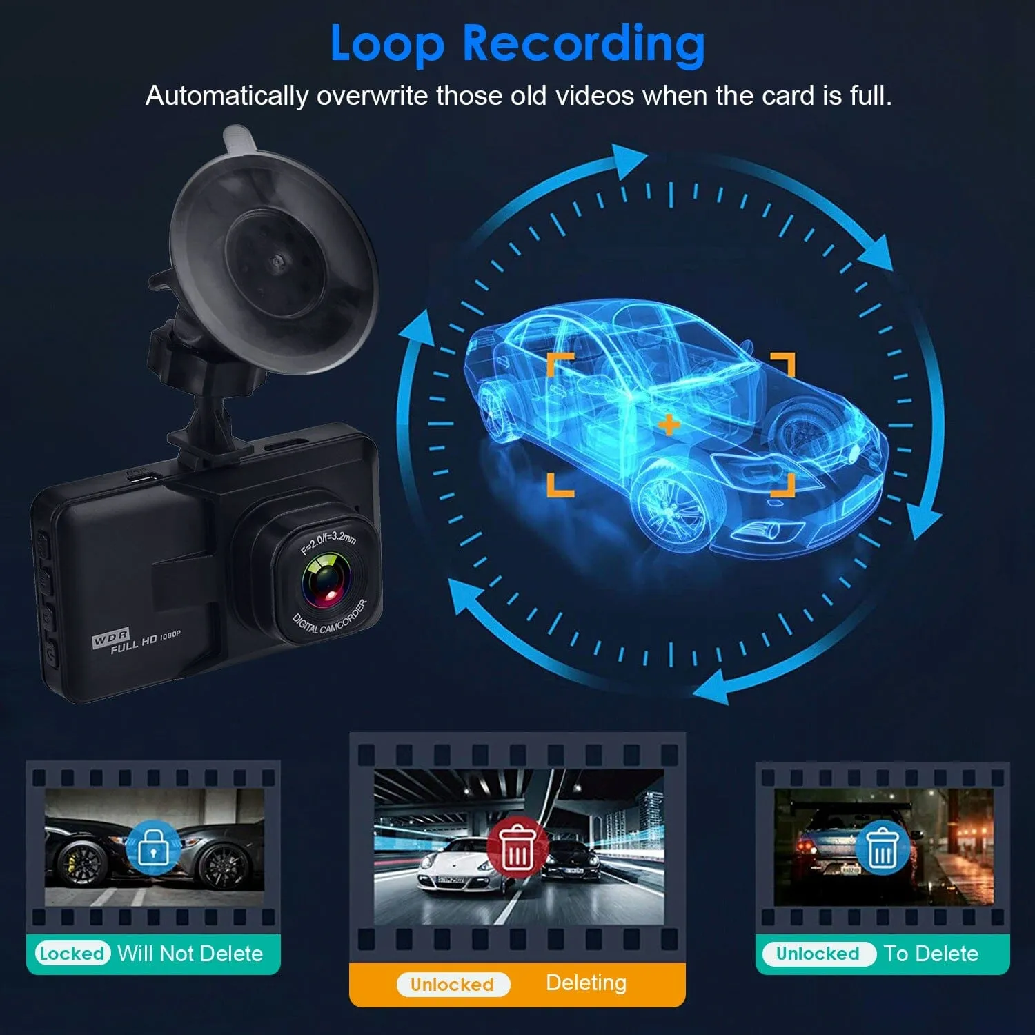 1080P Car DVR 3" Camera Dash Cam with 100° Angle Loop Recording Motion Detection