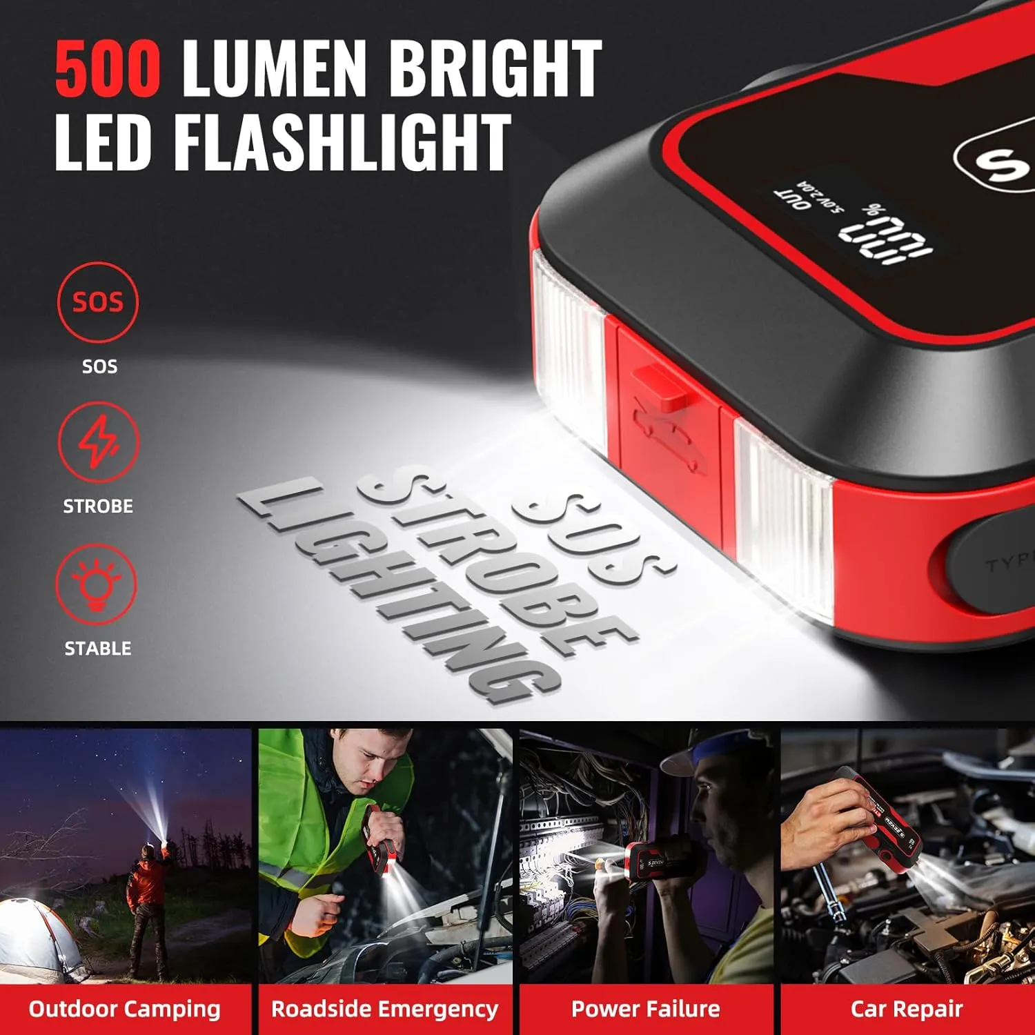 2500A Car Jump Starter with USB Ports, LCD Display, and LED Light