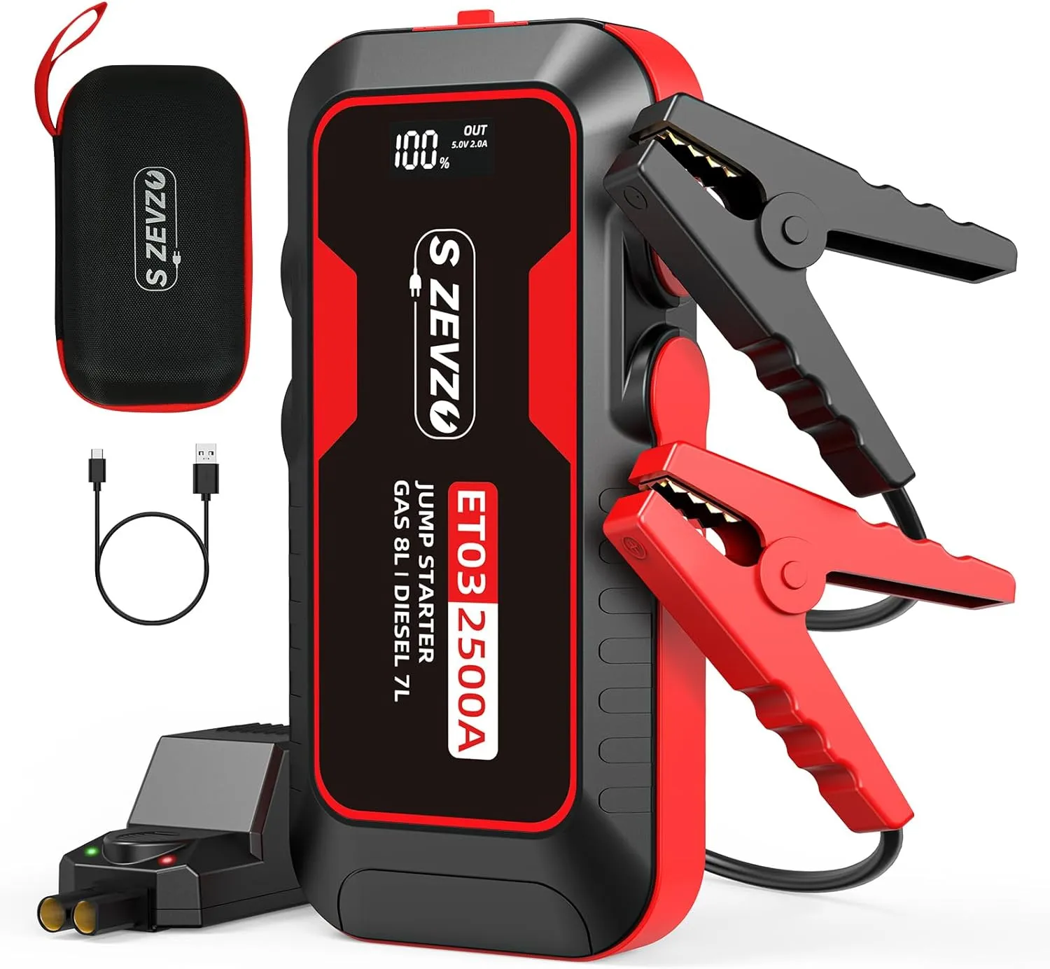 2500A Car Jump Starter with USB Ports, LCD Display, and LED Light