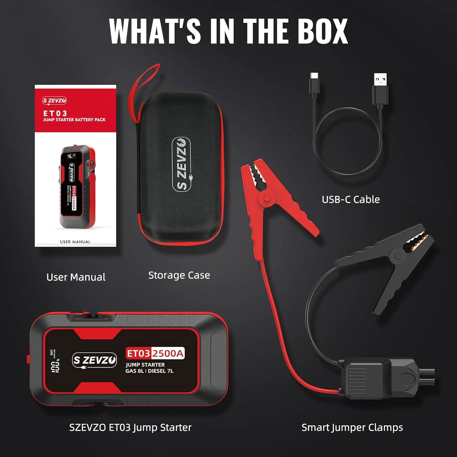 2500A Car Jump Starter with USB Ports, LCD Display, and LED Light