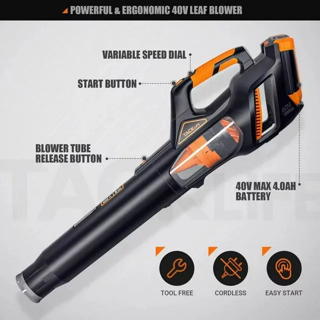 40V Cordless Leaf Blower with 4.0Ah Battery & Charger, Brushless Motor and 5-Speed Optional