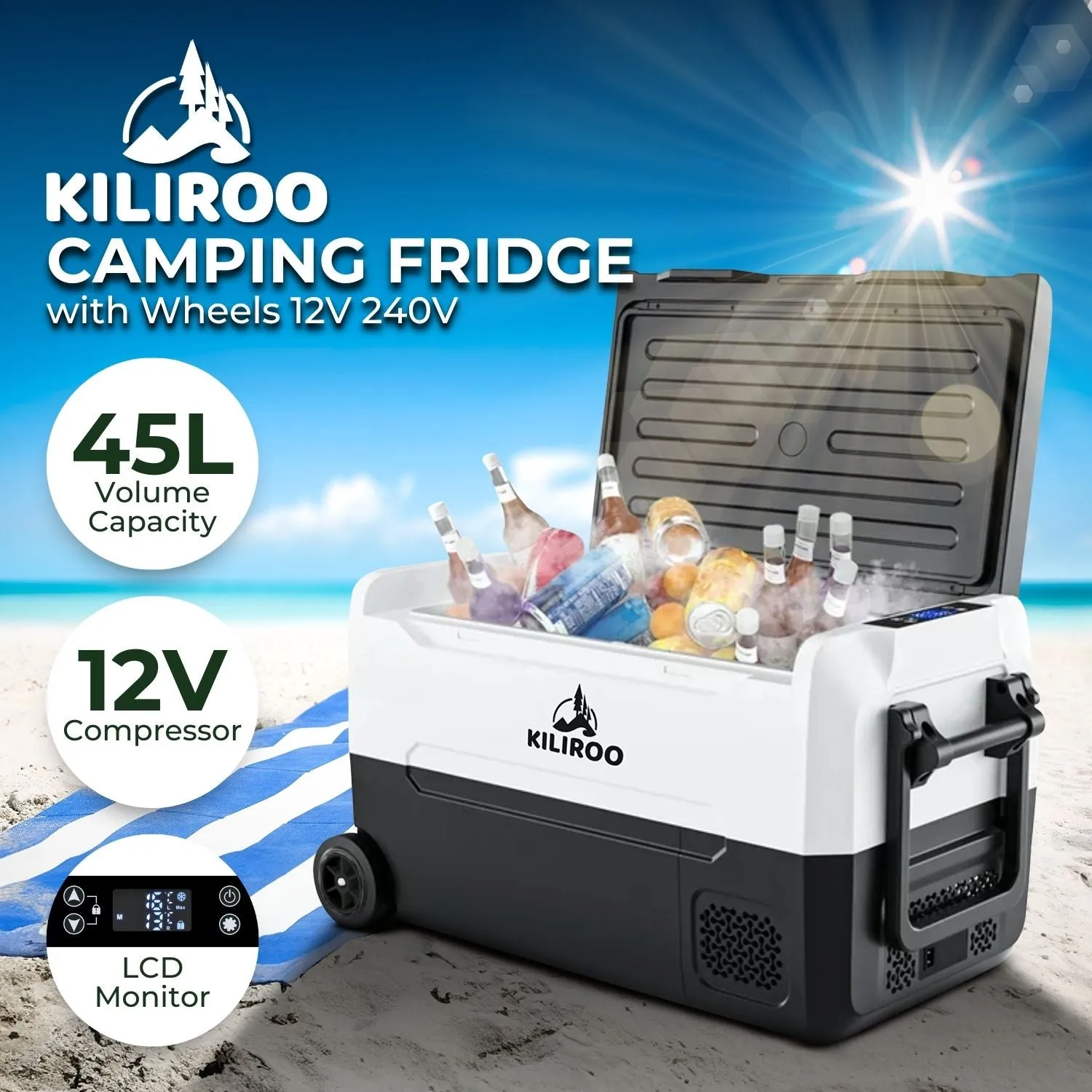 45L LCD Portable Camping Fridge, 12V Compressor - KILIROO