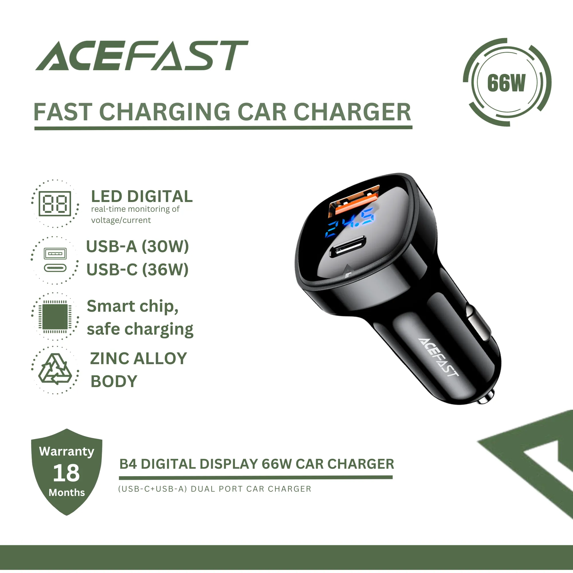 ACEFAST B4 DIGITAL DISPLAY 66W (USB-C USB-A) DUAL PORT CAR CHARGER, 66W Car Charger, Dual Port Car Charger