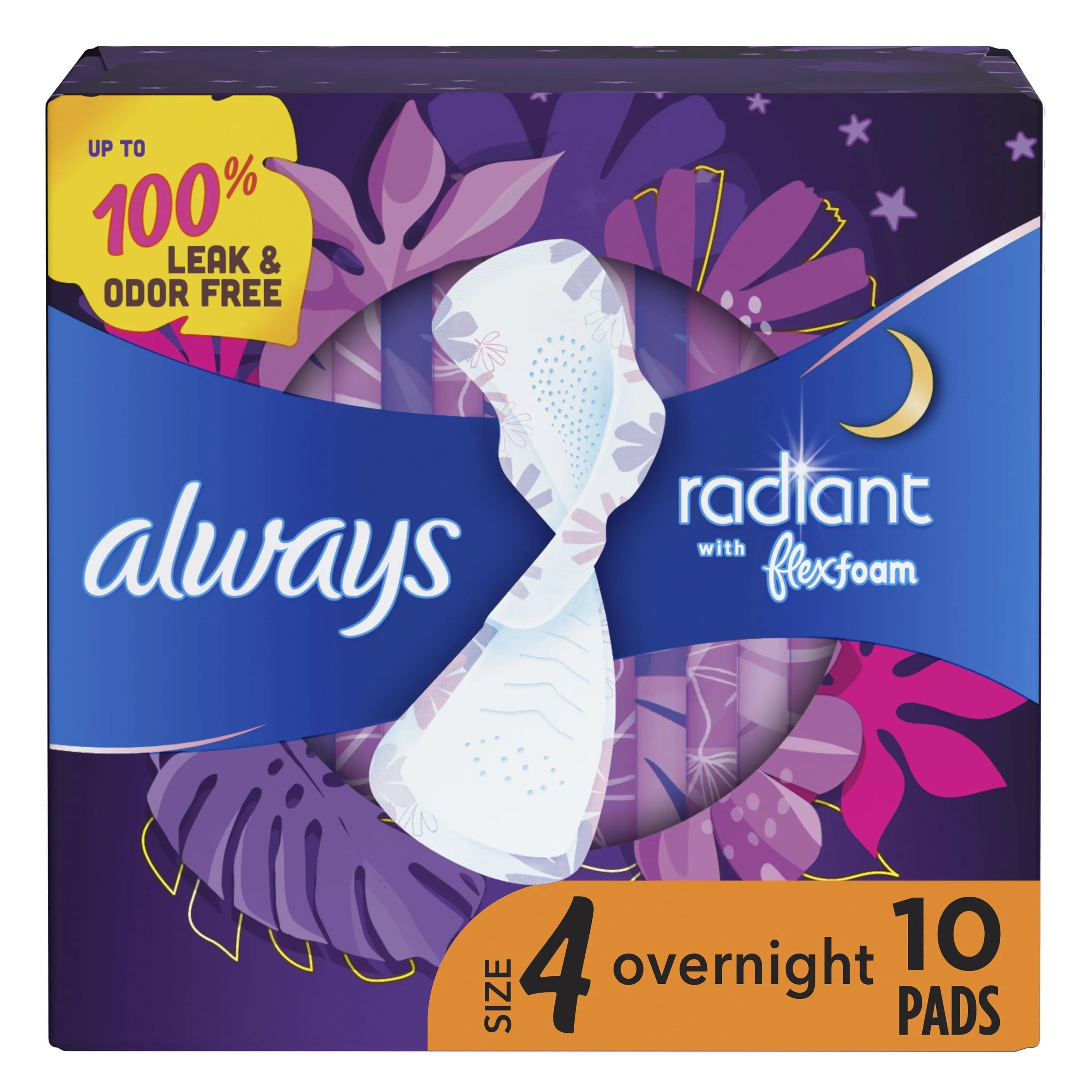 Always Radiant Feminine Pads with Wings, Size 4, Overnight Absorbency, Scented, 10 Count