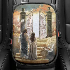 Beautiful Woman And Jesus Flying Dove Heaven Door Seat Box Cover, Bible Verse Car Center Console Cover, Inspirational Car Interior Accessories