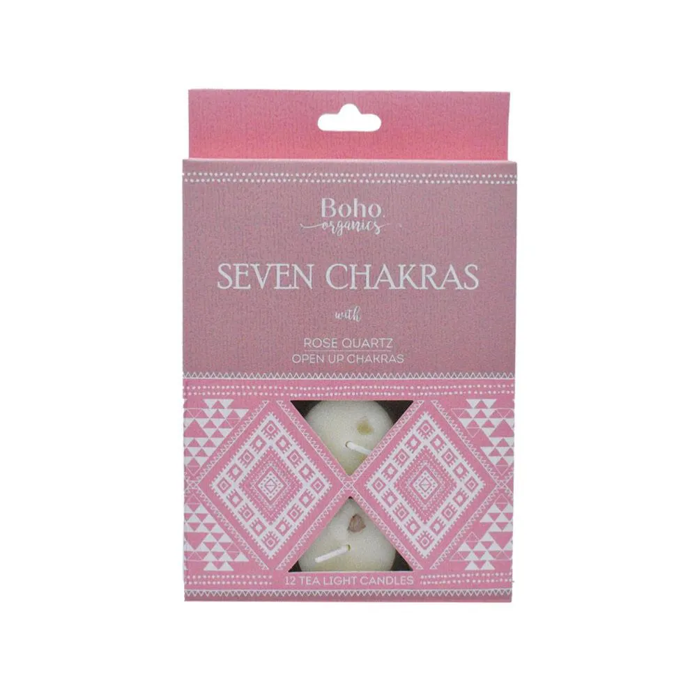 Boho Organics 12 Tea Light Soy Candles with Rose Quartz Crystals - Seven Chakras