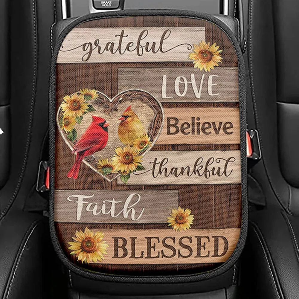 Cardinal Couple Sunflower Grateful Love Believe Seat Box Cover, Bible Verse Car Center Console Cover, Christian Inspirational Car Interior Accessories