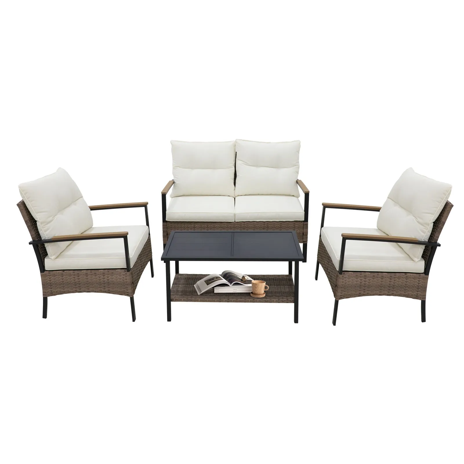 COOS BAY 4-Piece PE Rattan Outdoor Patio Furniture Set Ergonomic Wicker Loveseat, Chairs, and Wood Grain Steel Table