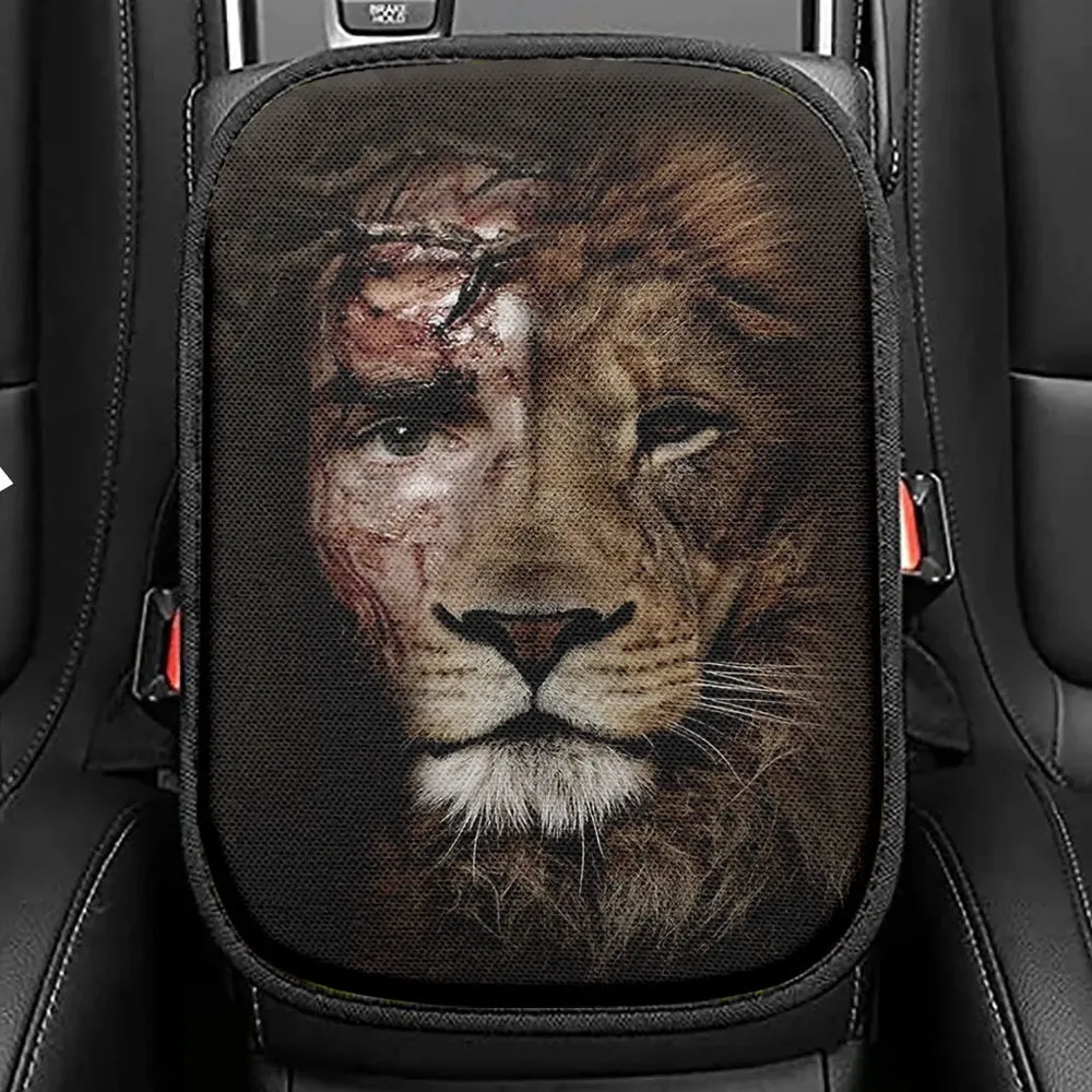 Half Jesus Half Lion Seat Box Cover, Jesus Car Center Console Cover, Christian Car Interior Accessories