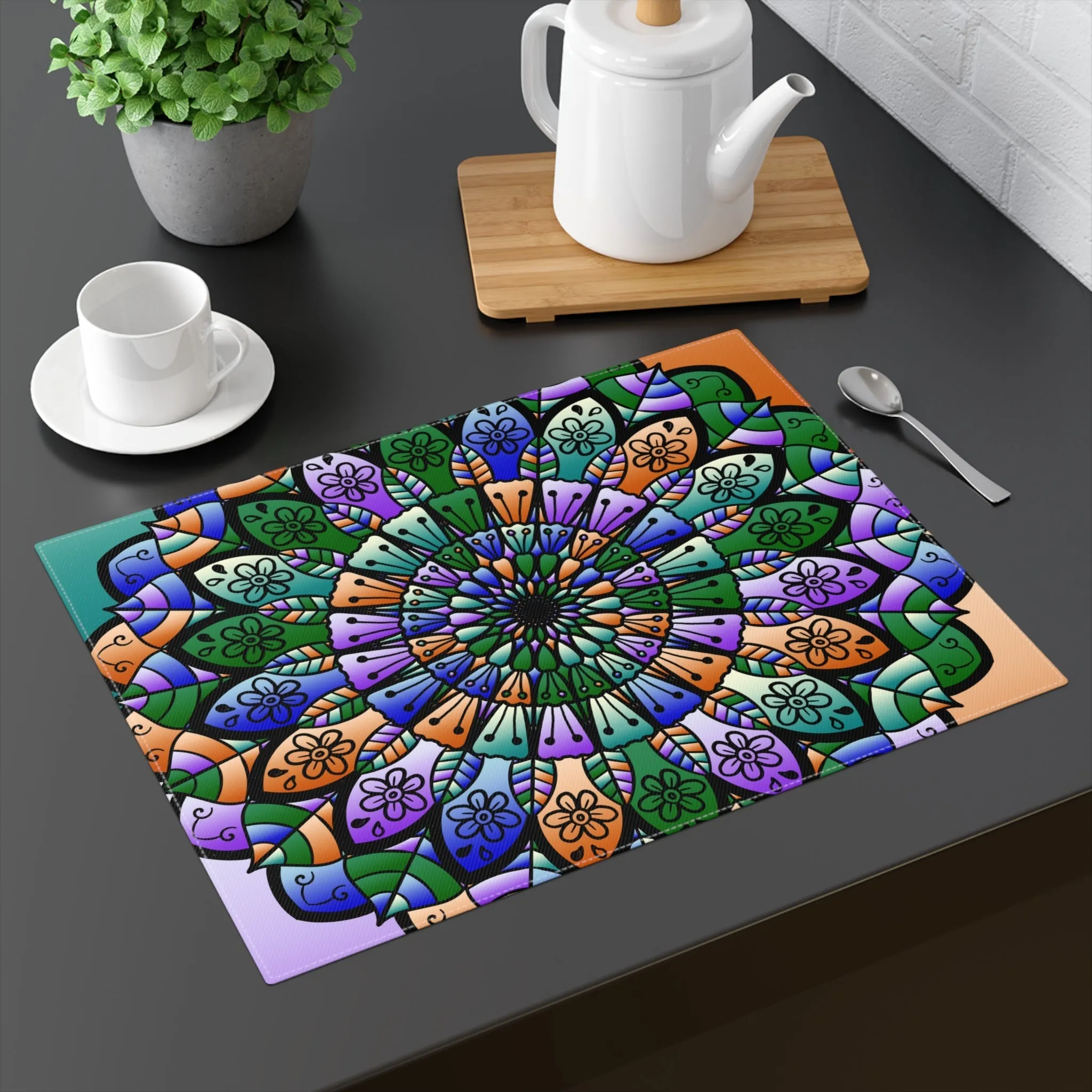 Hand-Drawn Mandala Placemat - Teal/Purple/Orange