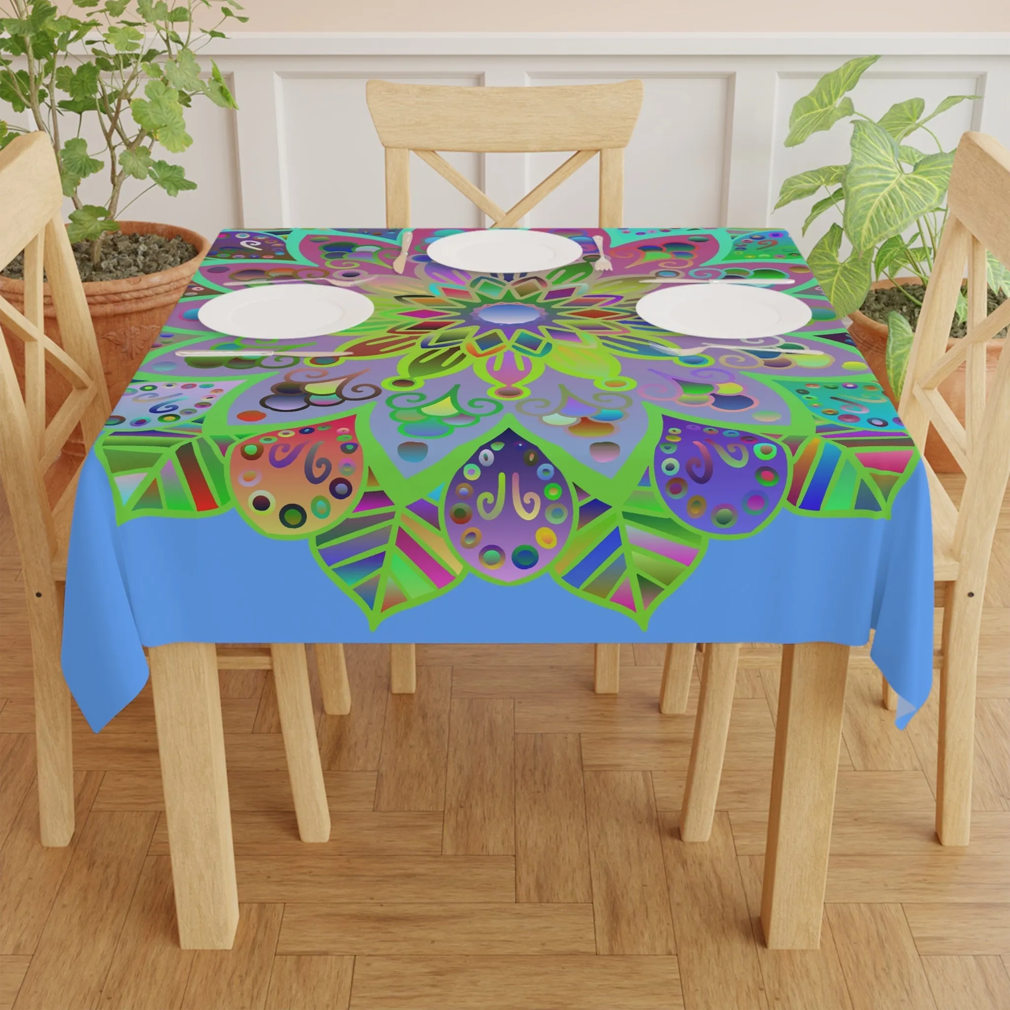 Handmade Mandala Art Square Tablecloth, Light Blue