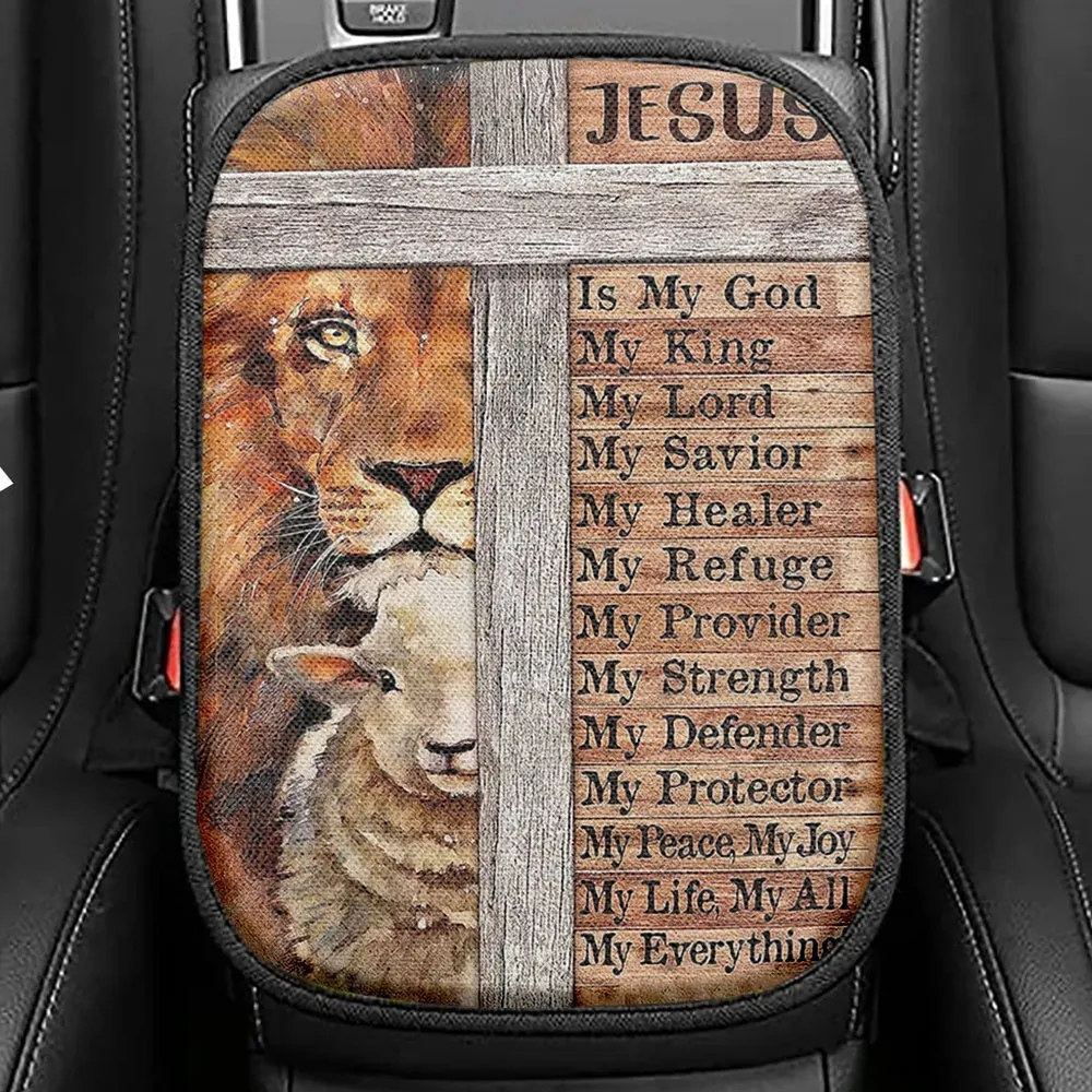 Jesus Is My King My God Lion Lamb Seat Box Cover, Lion Car Center Console Cover, Christian Inspirational Car Interior Accessories