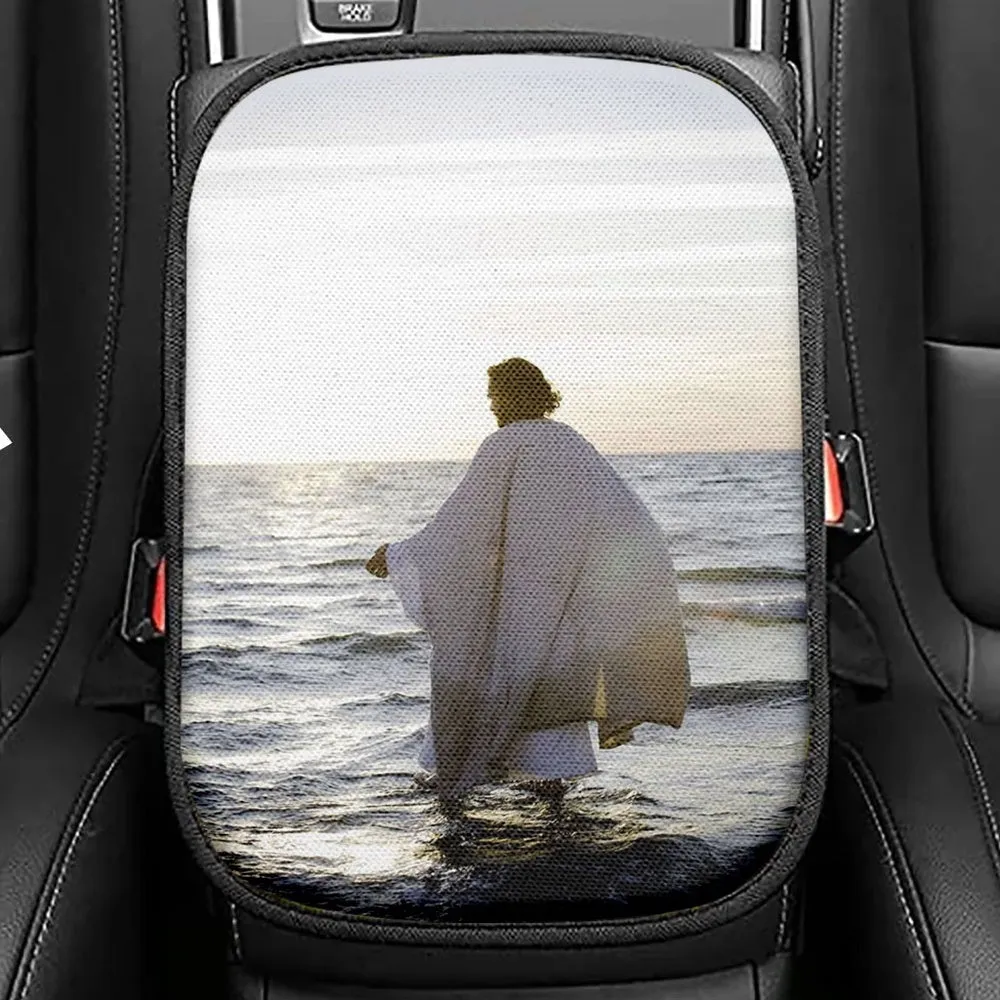 Jesus Walks On Water Cross Light Seat Box Cover, Jesus Portrait Car Center Console Cover, Christian Car Interior Accessories