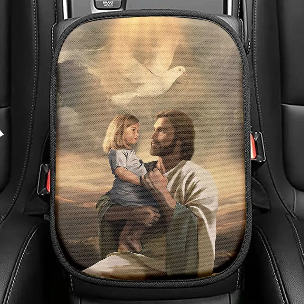 Jesus With Child White Dove Seat Box Cover, Christian Car Center Console Cover, Bible Verse Car Interior Accessories