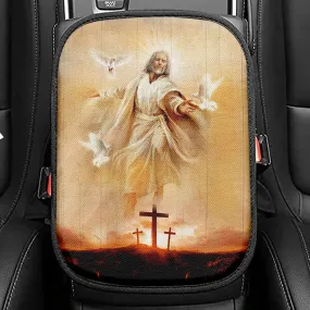 Jesus With Dove Sunset Wooden Cross Seat Box Cover, Christian Car Center Console Cover, Bible Verse Car Interior Accessories