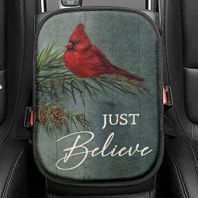 Just Believe Pretty Cardinal Pine Cone Tree Seat Box Cover, Bible Verse Car Center Console Cover, Christian Car Interior Accessories