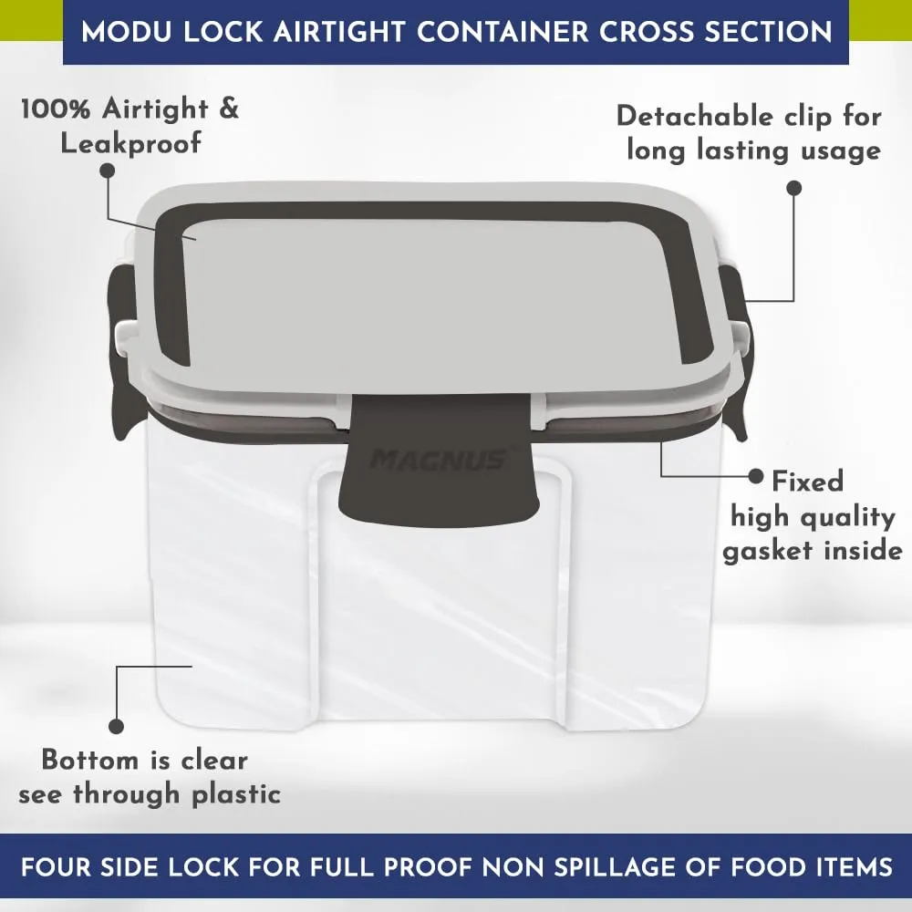 Magnus Modulock Airtight Food Kitchen Storage Container with Detachable Clip Lock | White & Grey Lid | Ultra Clear Transparent Containers | Stackable | Break Resistant | Set of 6 - 460 ml Each