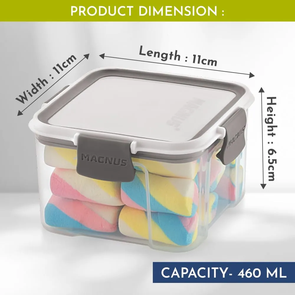 Magnus Modulock Airtight Food Kitchen Storage Container with Detachable Clip Lock | White & Grey Lid | Ultra Clear Transparent Containers | Stackable | Break Resistant | Set of 6 - 460 ml Each