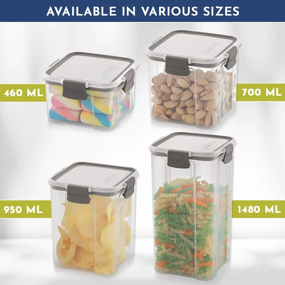 Magnus Modulock Airtight Food Kitchen Storage Container with Detachable Clip Lock | White & Grey Lid | Ultra Clear Transparent Containers | Stackable | Break Resistant | Set of 6 - 460 ml Each