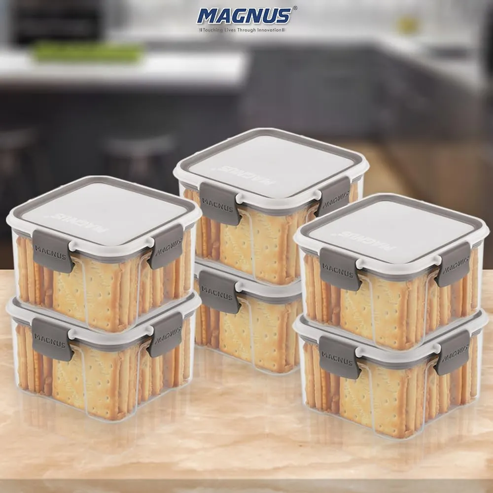 Magnus Modulock Airtight Food Kitchen Storage Container with Detachable Clip Lock | White & Grey Lid | Ultra Clear Transparent Containers | Stackable | Break Resistant | Set of 6 - 460 ml Each