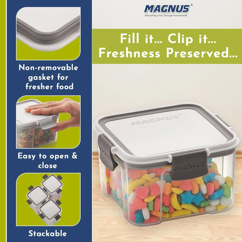 Magnus Modulock Airtight Food Kitchen Storage Container with Detachable Clip Lock | White & Grey Lid | Ultra Clear Transparent Containers | Stackable | Break Resistant | Set of 6 - 460 ml Each