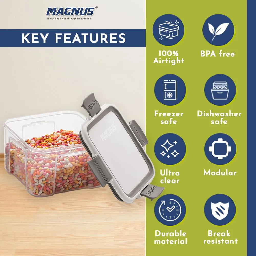 Magnus Modulock Airtight Food Kitchen Storage Container with Detachable Clip Lock | White & Grey Lid | Ultra Clear Transparent Containers | Stackable | Break Resistant | Set of 6 - 460 ml Each