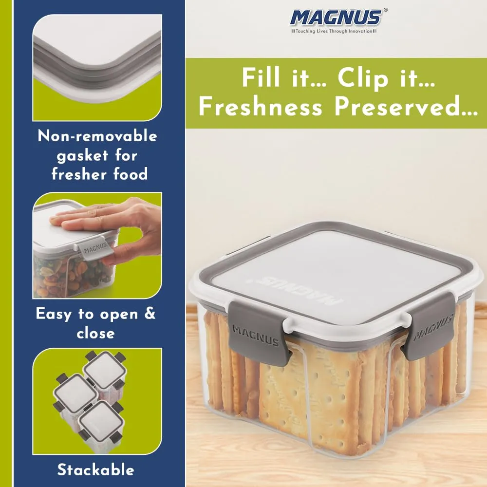 Magnus Modulock Airtight Food Kitchen Storage Container with Detachable Clip Lock | White & Grey Lid | Ultra Clear Transparent Containers | Stackable | Break Resistant | Set of 6 - 460 ml Each