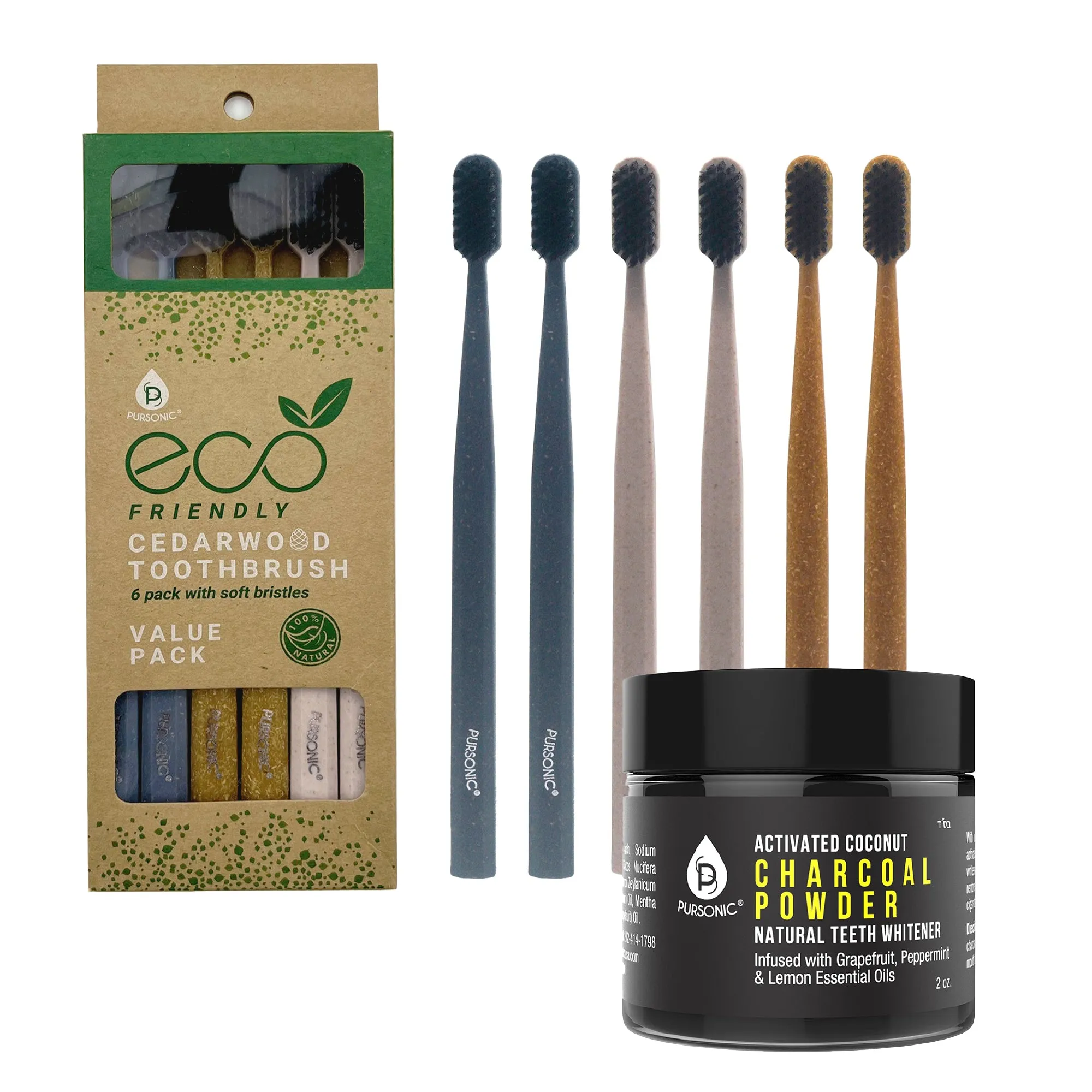 Natural Radiance Combo: Activated Coconut Charcoal Powder Natural Teeth Whitener   100% Eco-friendly Cedarwood Toothbrushes (6 Pack)