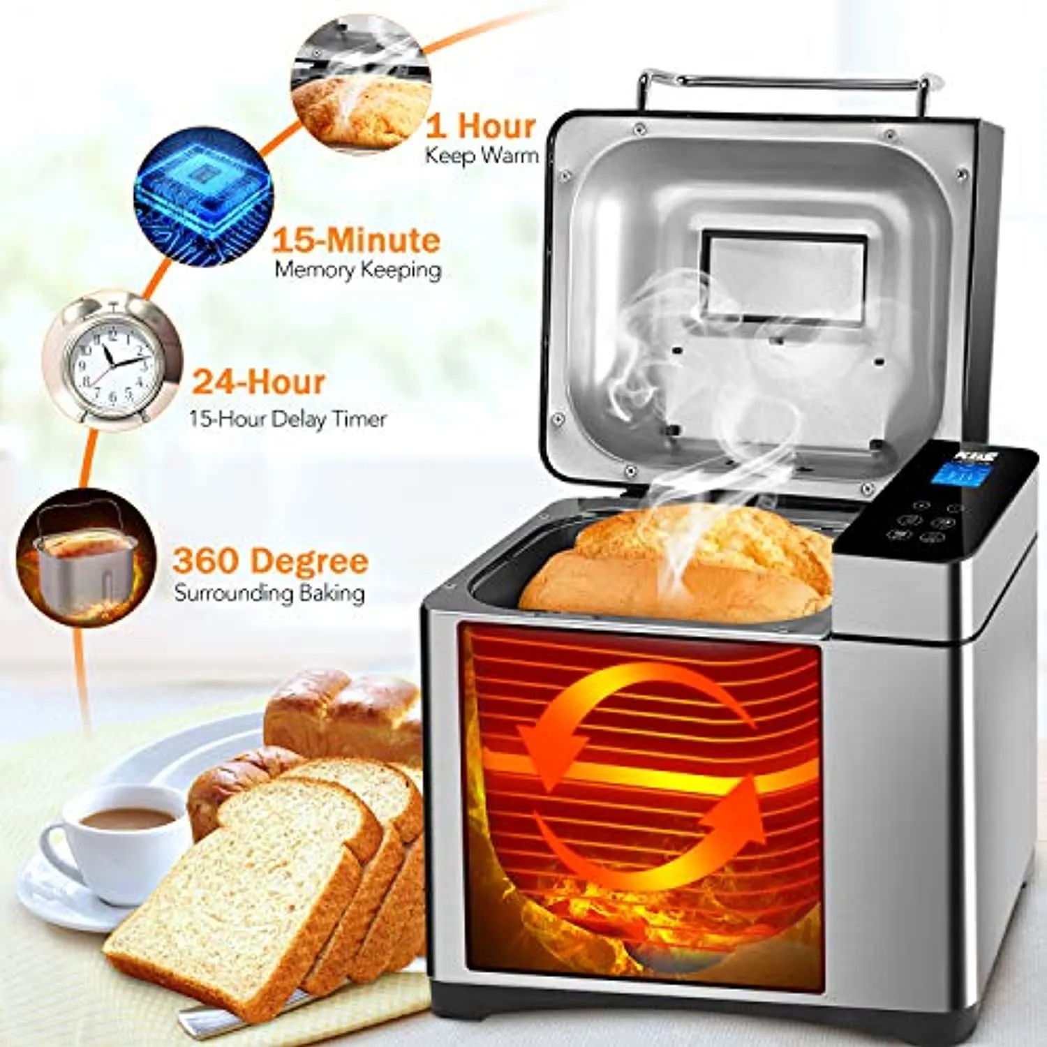 Stainless Steel Bread Machine, 2LB 17-in-1 Programmable XL Bread Maker with Fruit Nut Dispenser