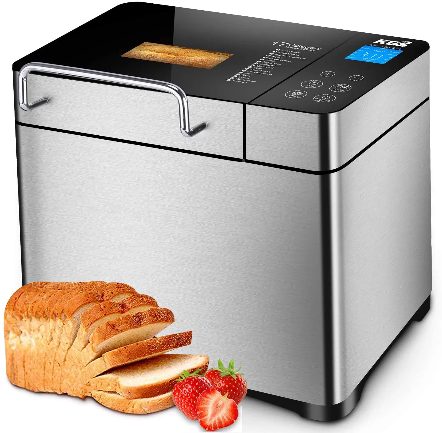 Stainless Steel Bread Machine, 2LB 17-in-1 Programmable XL Bread Maker with Fruit Nut Dispenser