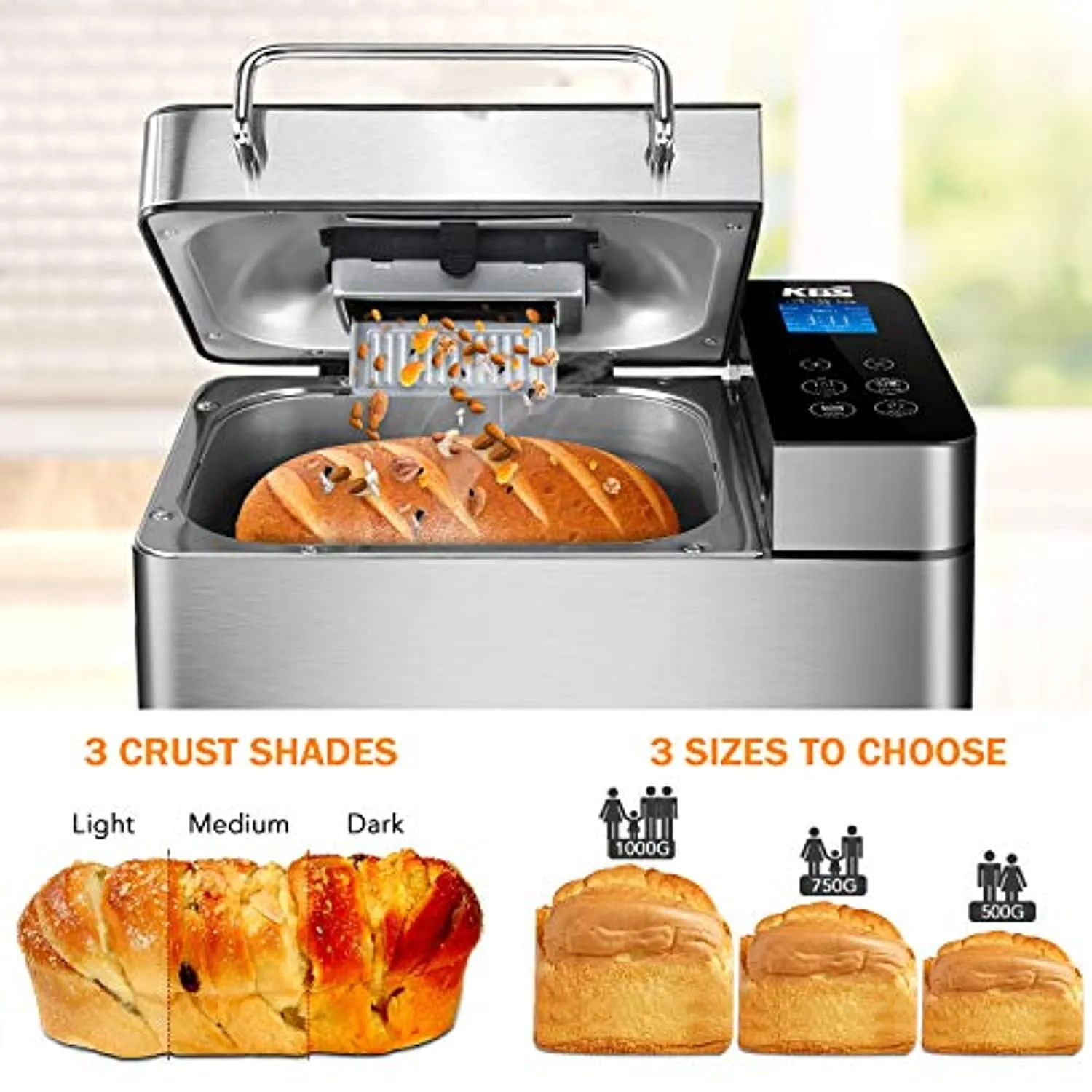 Stainless Steel Bread Machine, 2LB 17-in-1 Programmable XL Bread Maker with Fruit Nut Dispenser