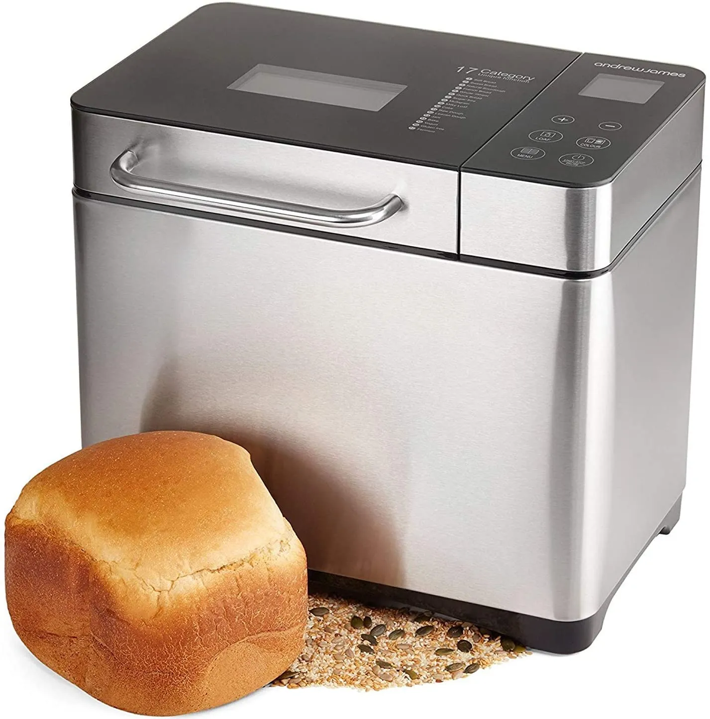 Stainless Steel Bread Machine, 2LB 17-in-1 Programmable XL Bread Maker with Fruit Nut Dispenser