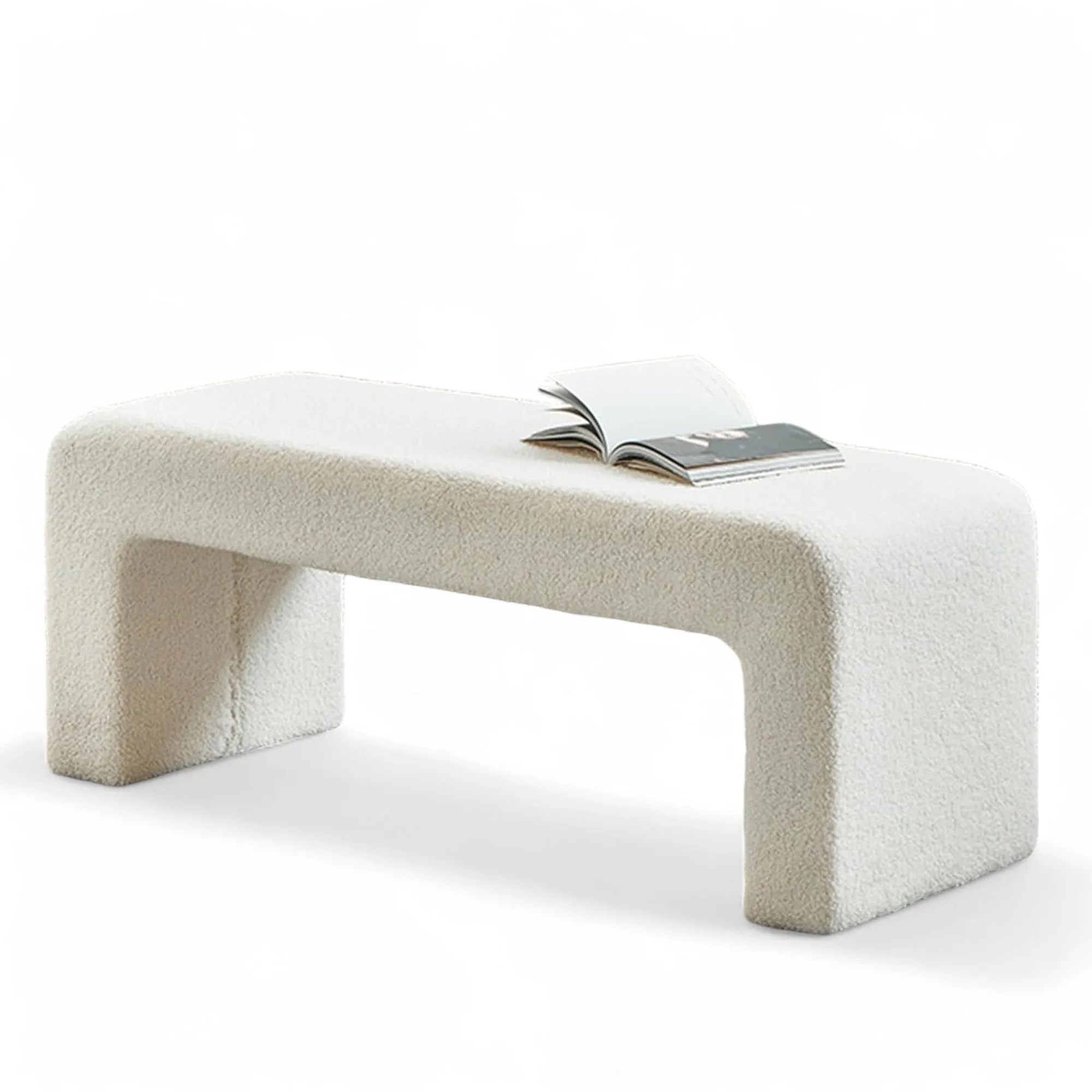 Wooden Twist Soft Furry Boucle Upholstered Entryway Ottoman Bench